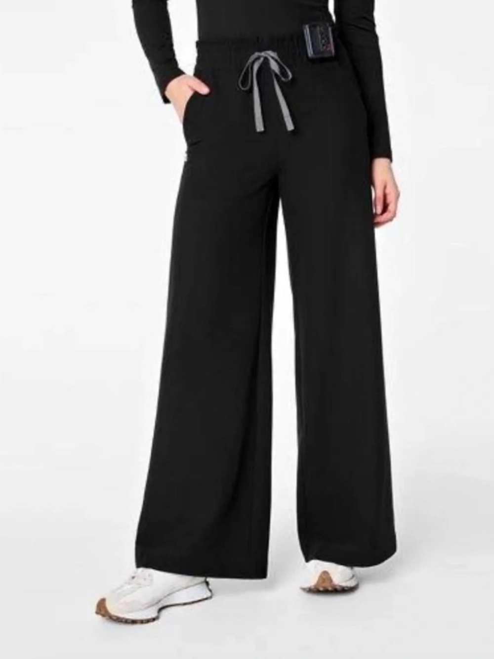Figs Allison Ultra Wide-Leg Black Pants with Gray Drawstring